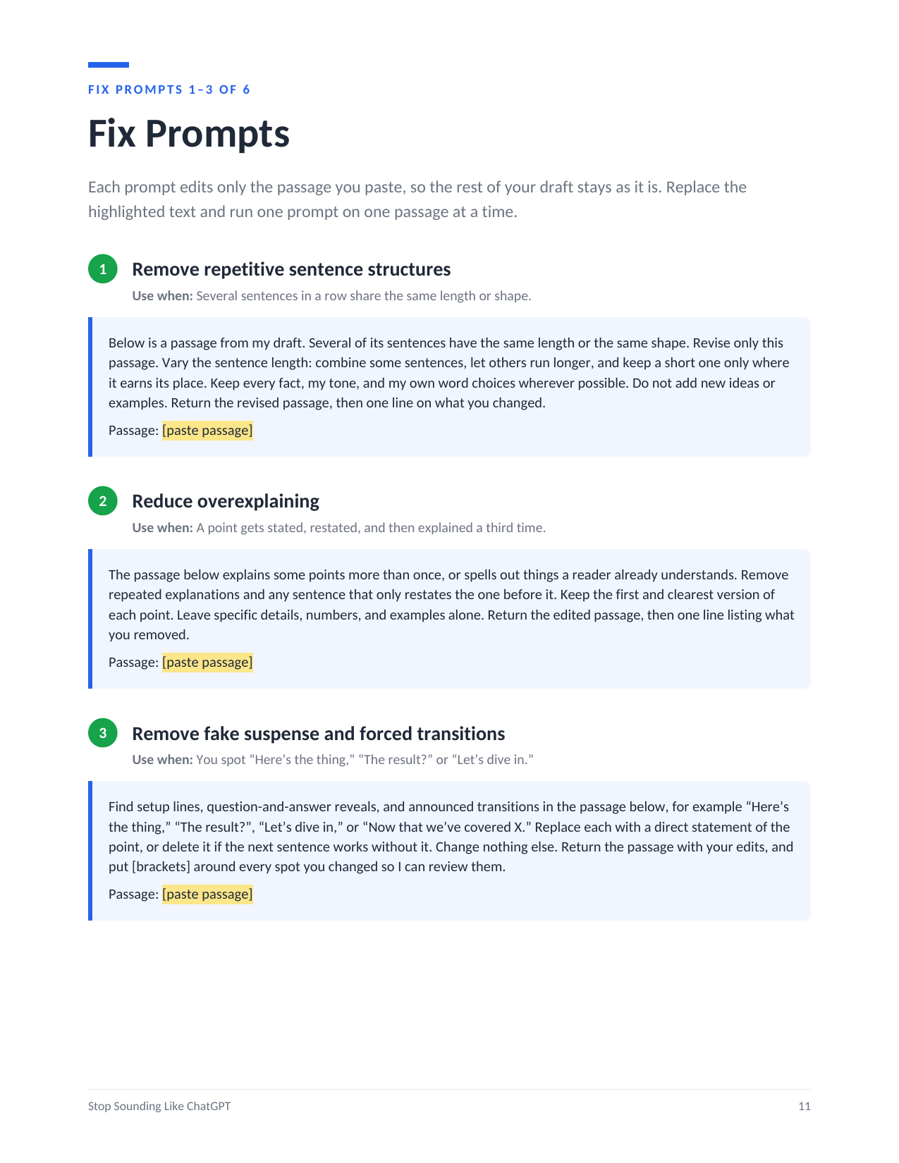 Page from the guide showing targeted fix prompts